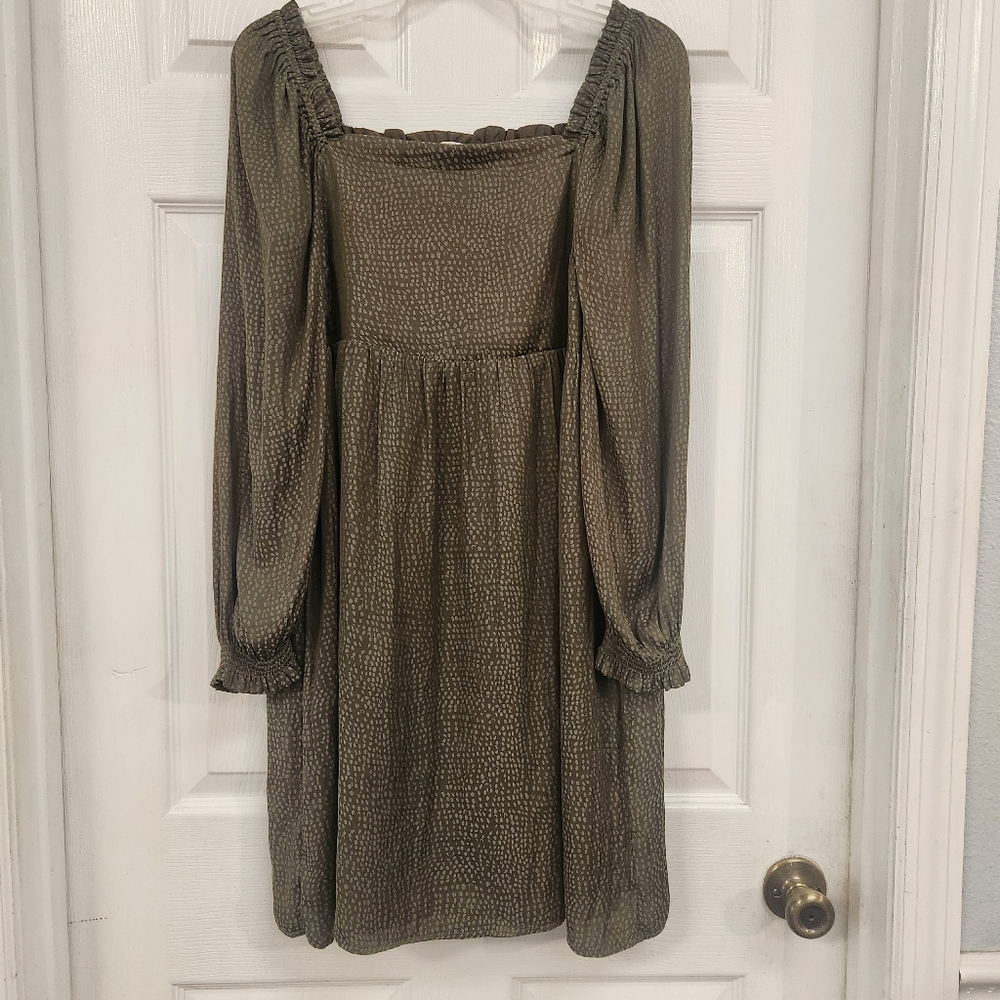Loft Olive Green Dress With A Square Neck. Babydoll Style